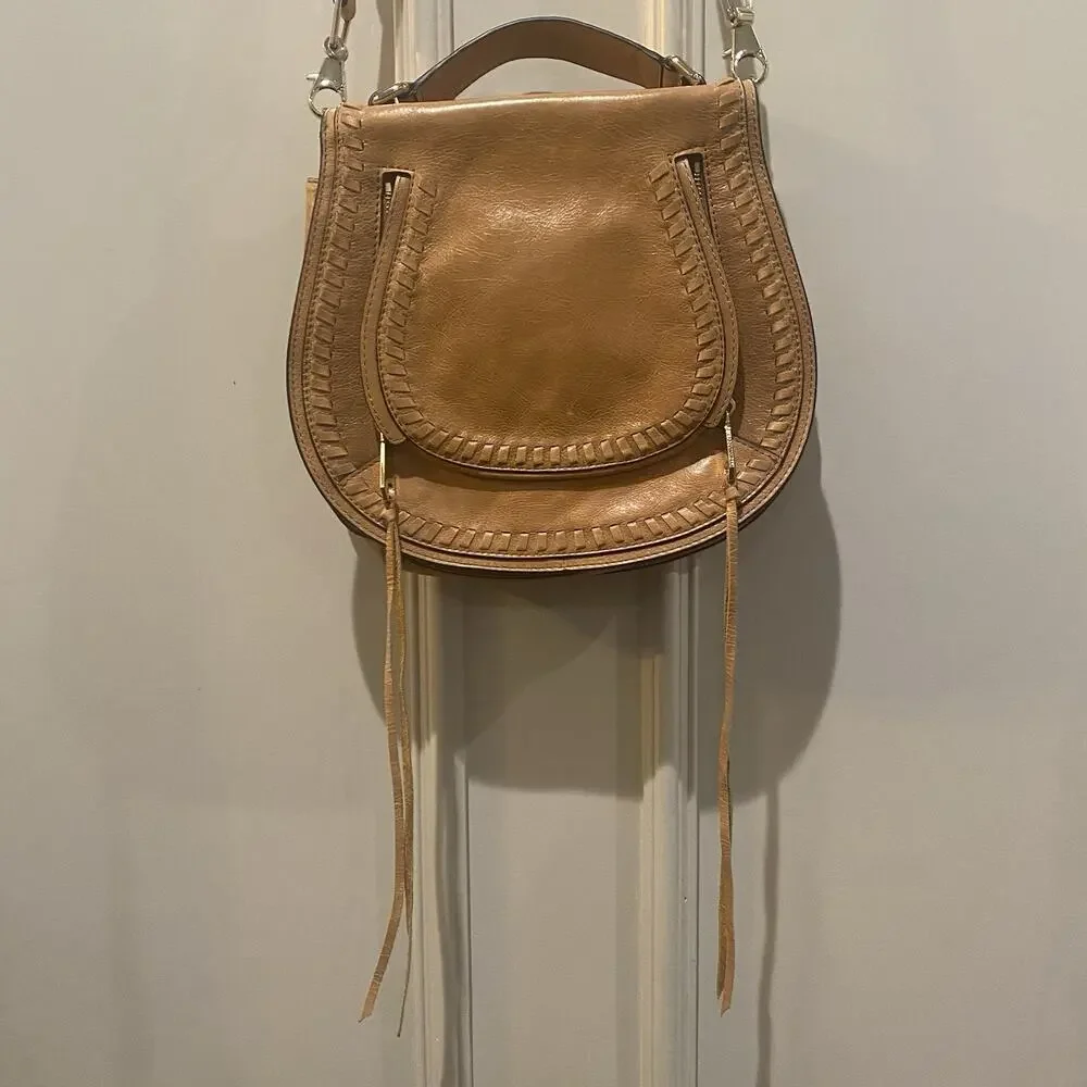 REBECCA MINKOFF Whipstitch Leather Saddle Crossbody Shoulder Bag Flap Brown Tan - Picture 2 of 16
